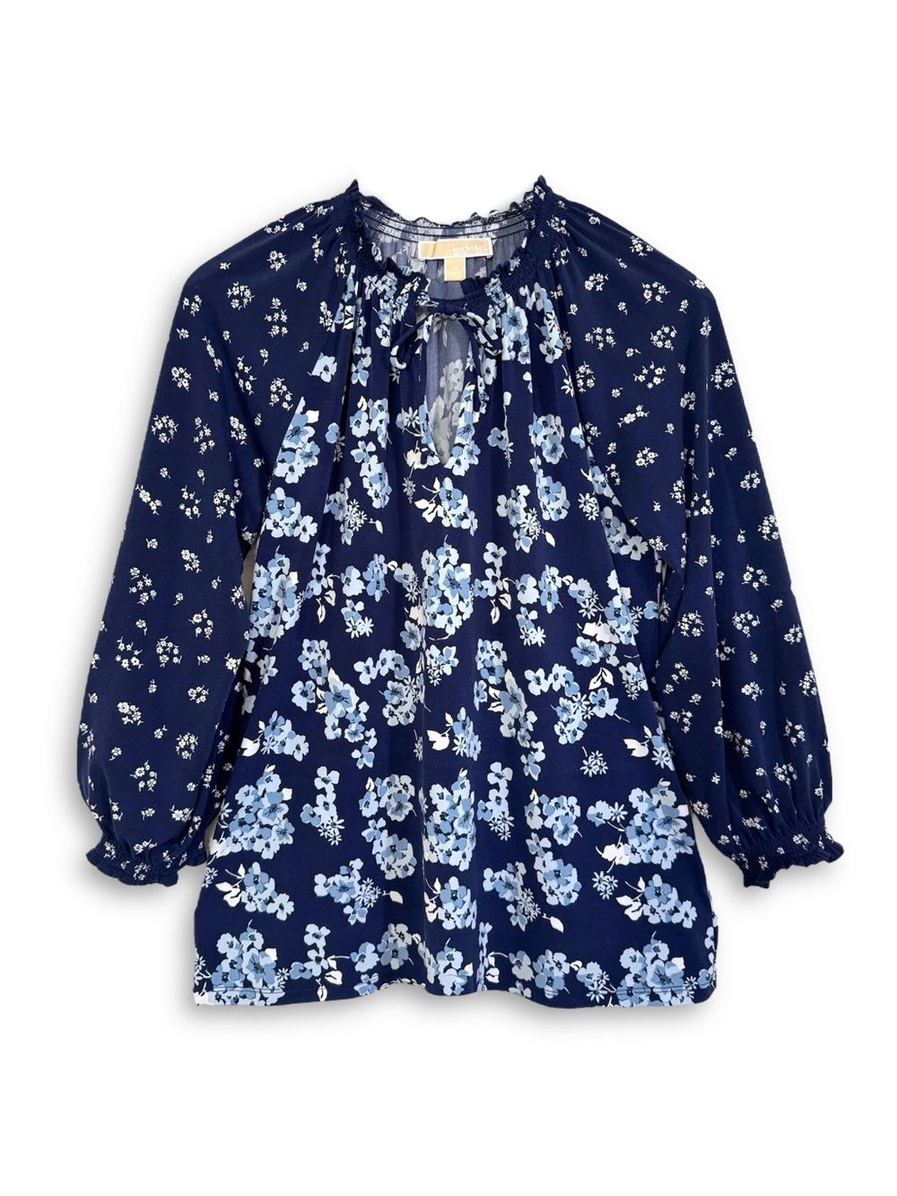 Michael Kors Ruffle Peasant Blouse Tie Neck Floral Blue